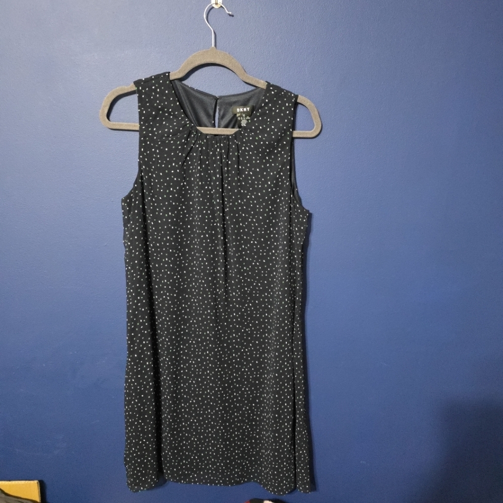 DKNY Dress Womens Size 12 Navy Blue Speckled A-Line Sleeveless Chiffon L…